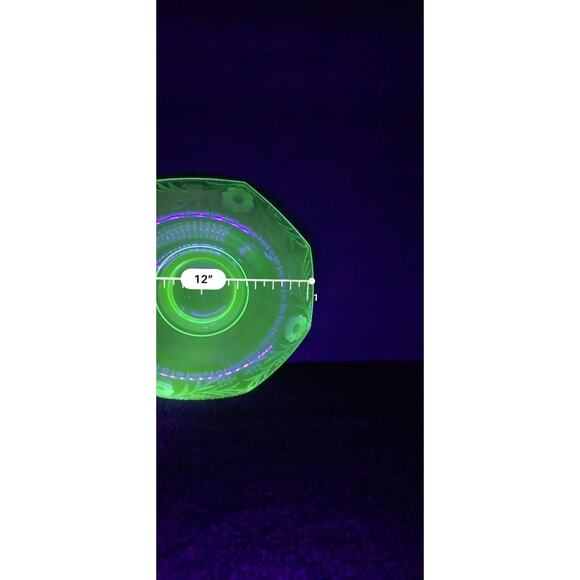 Uranium Glass Bowl Vaseline Glass Floral Etched Rolled Edge Glows Green UV 12in - Picture 5 of 9